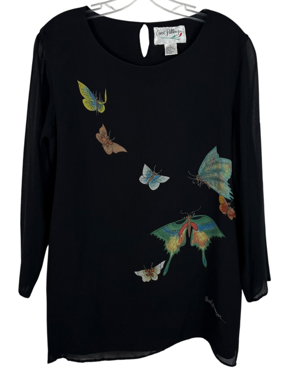 Carol Patterson Signed 100% Silk Butterfly Print Vintage Layered Tunic Top Large